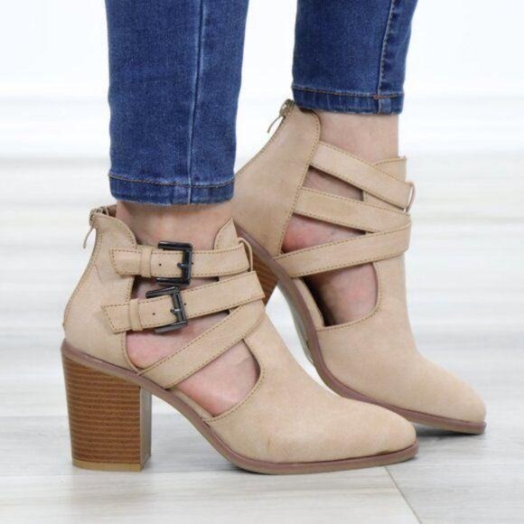 Ankle Boot Block Heel Buckle Straps Pointed Toe Sleek Cutout Back Zipper Taupe - Picture 7 of 11